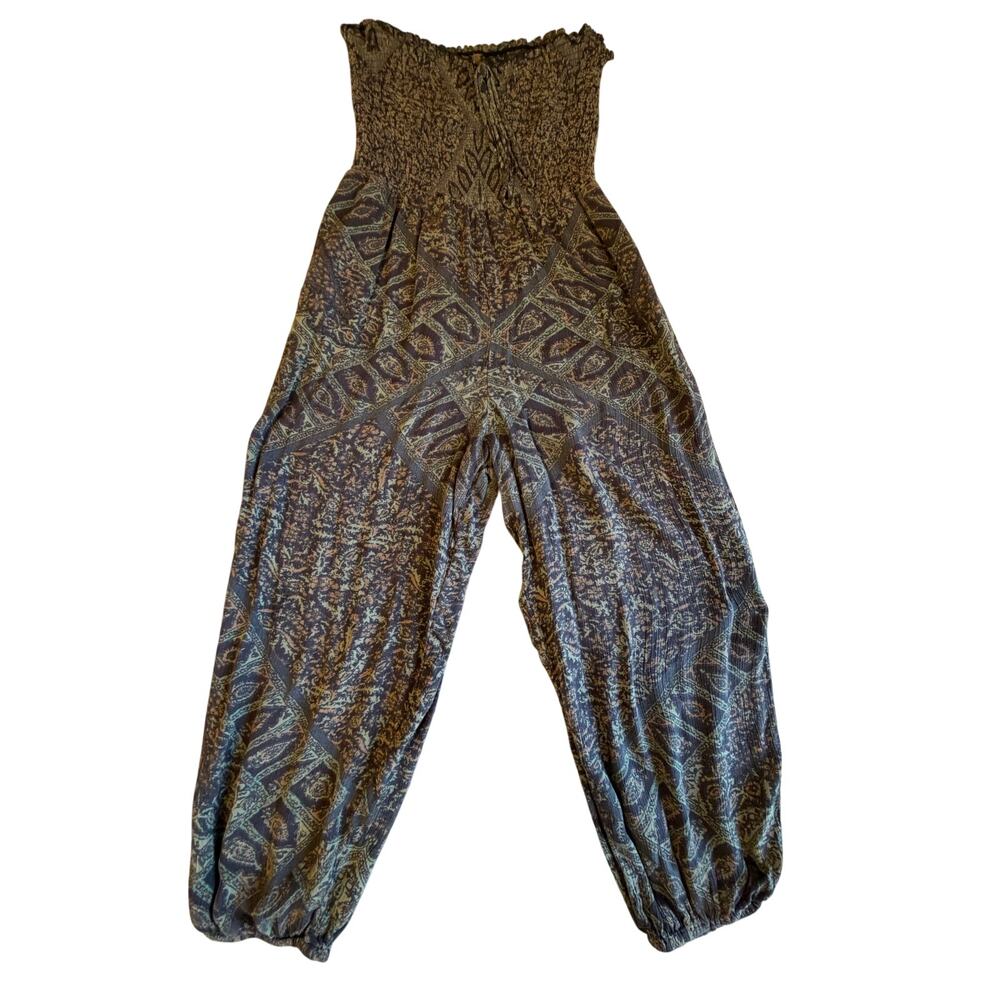 Free People Boho Paisley Blue Green Print Smocked Strapless Jogger Jumpsuit Med